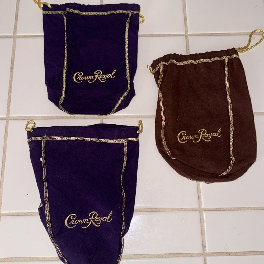 Lot of Crown Royal Bags 2 purple 1 brown 9”